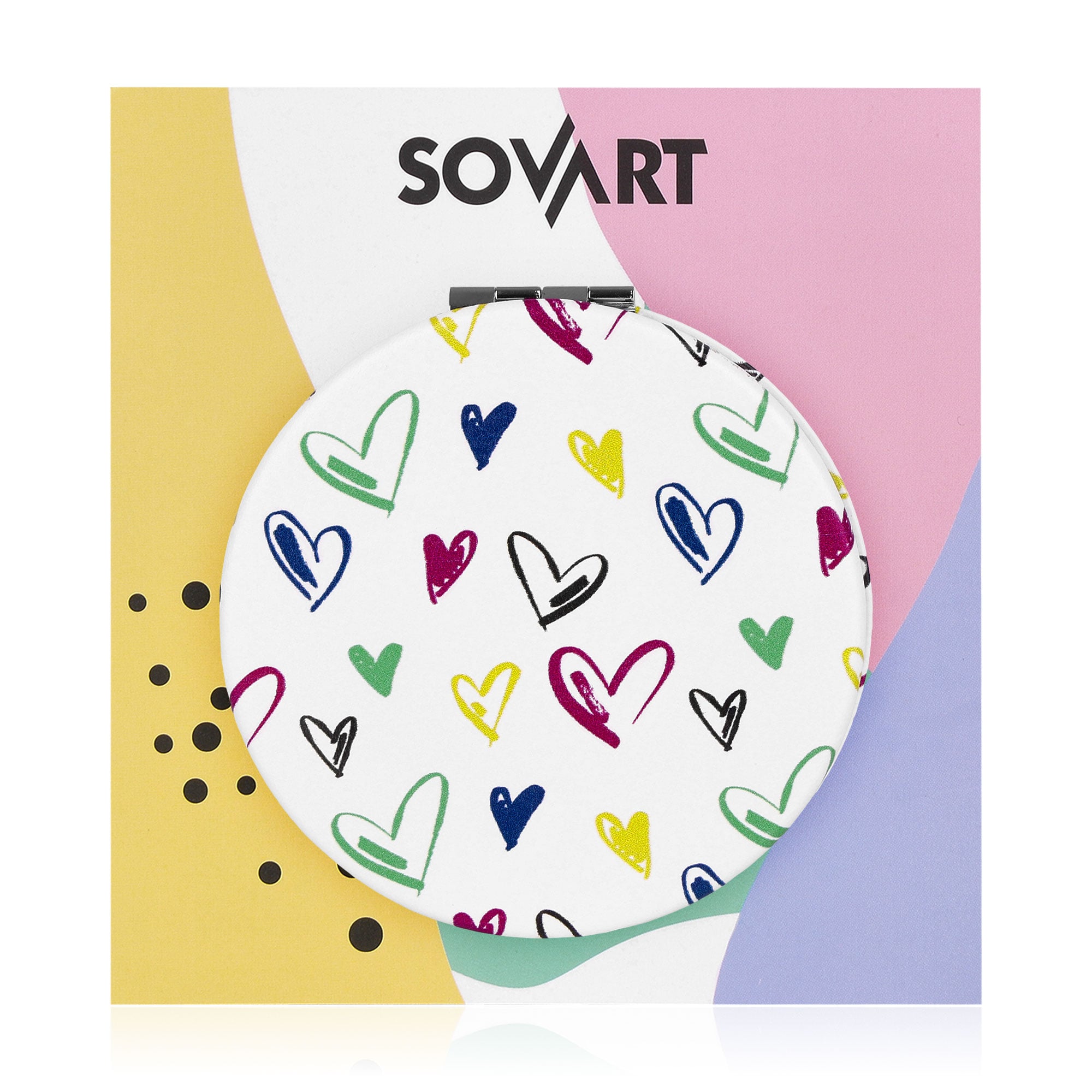 Дзеркало компактне Sovart кругле, різнобарвні серця